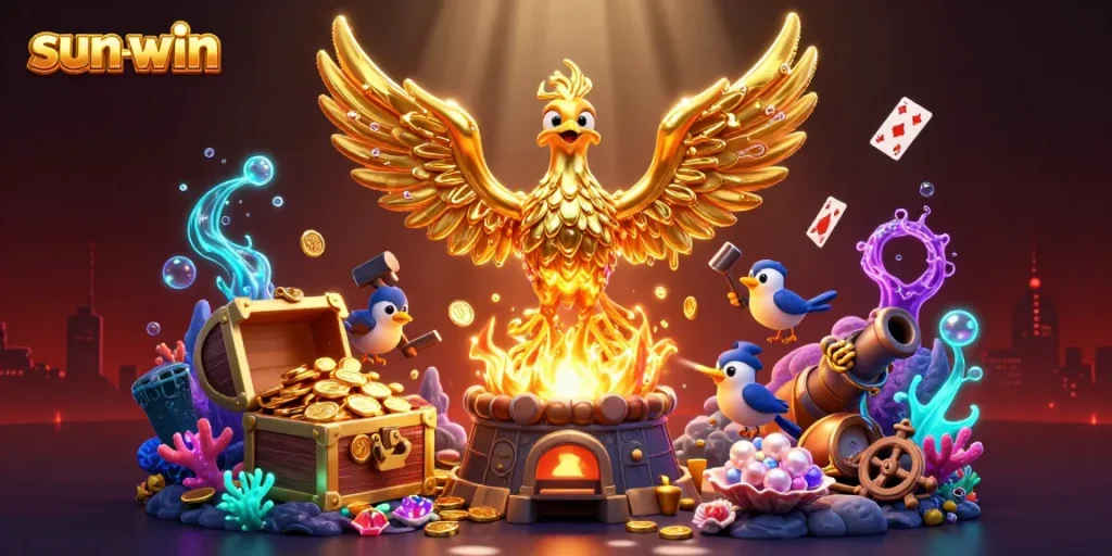 Engage in thrilling slots at sun-win with a lavish golden phoenix amidst casino treasures.