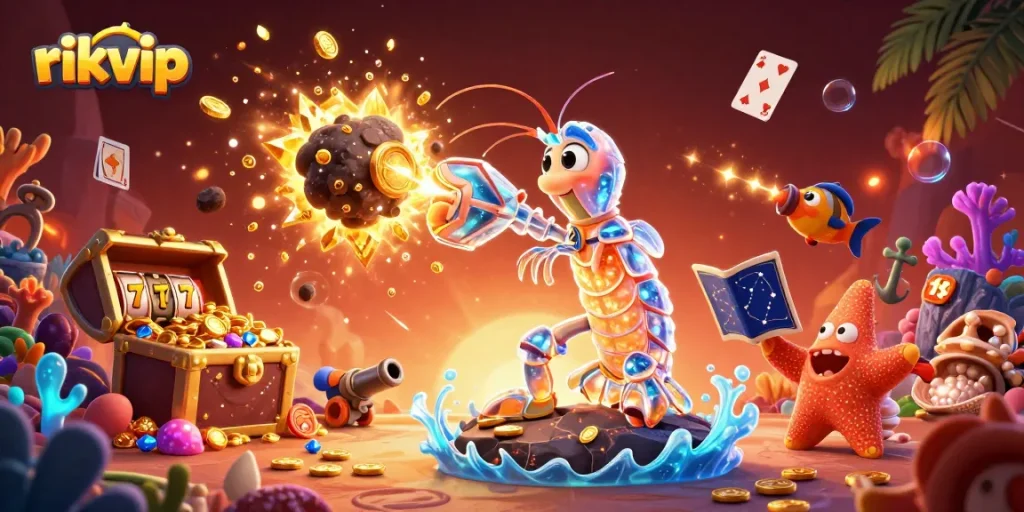 Experience excitement at rikvip with vibrant casino elements featuring galactic characters.