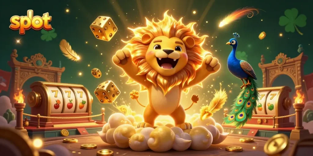 Engage with dynamic slot visuals featuring a roaring sun lion amidst vibrant gaming elements.