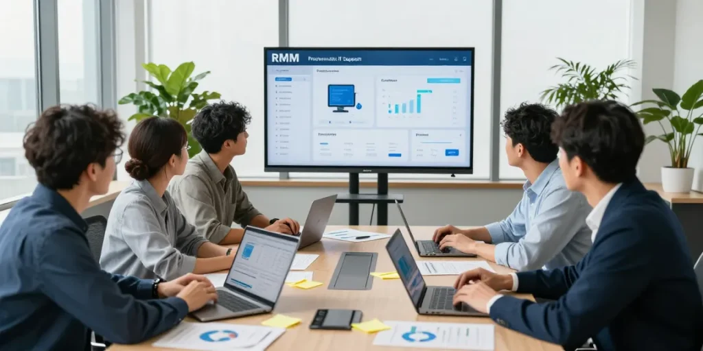 Team of IT professionals engaged in business IT support strategy discussion, showcasing collaboration and proactive monitoring.