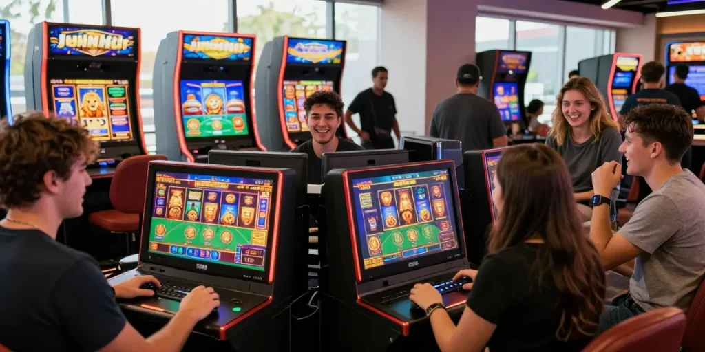 Winbox888 players enjoying live casino games and slots in a vibrant mobile casino environment