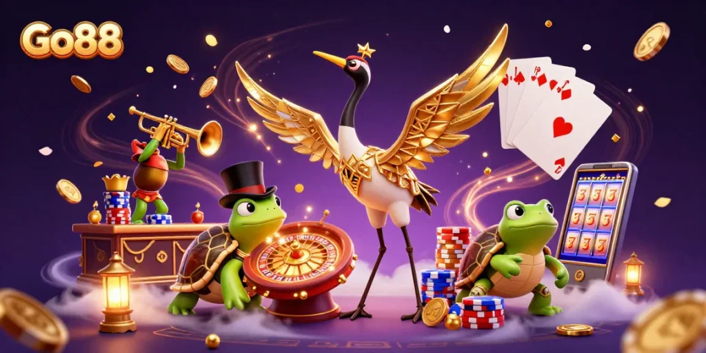 Experience the thrill of Go88 with vibrant casino games and dynamic characters celebrating with coins and gems.