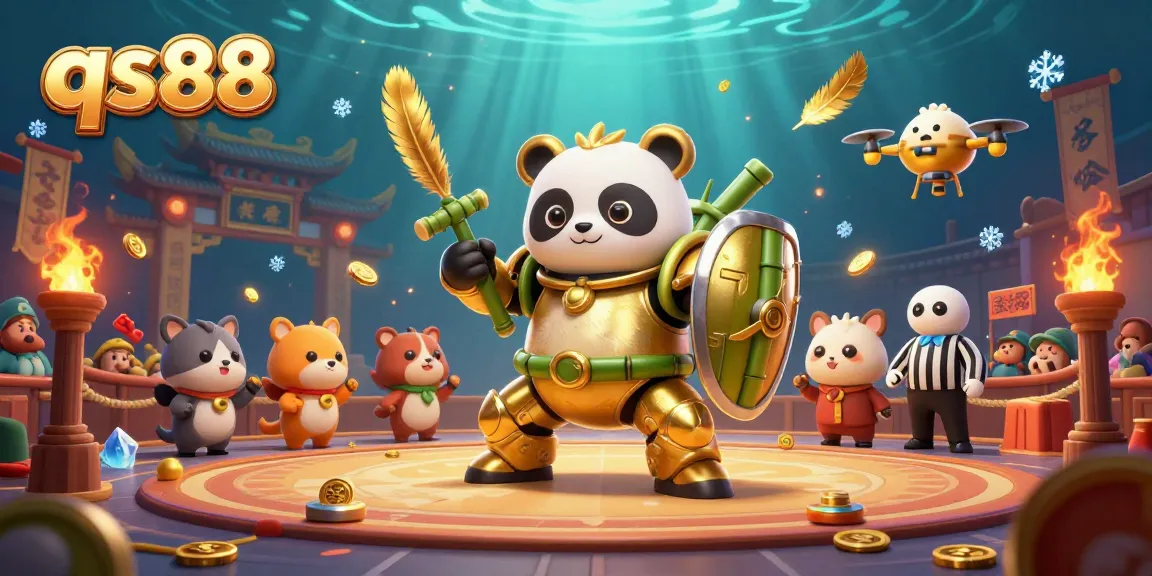 Engage in thrilling gaming at qs88 with an ultra-detailed 3D cartoon scene of a golden panda mech in an energetic casino.