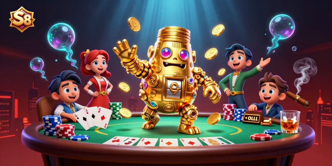 Experience the thrill of S 8 with vibrant casino action featuring an animated golden golem and poker elements.